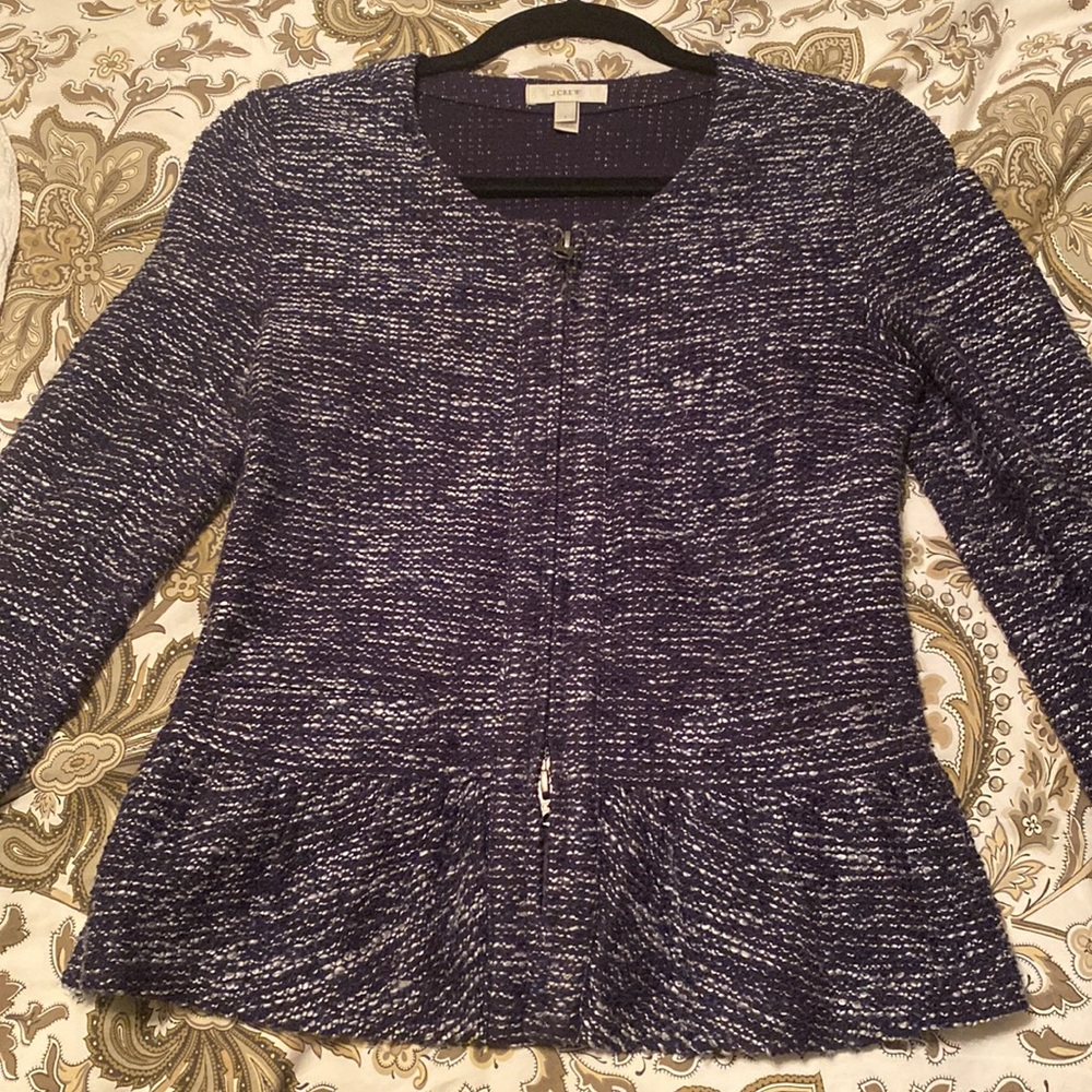 J. Crew cotton tweed navy fitted jacket, small, peplum detail, hits at hip